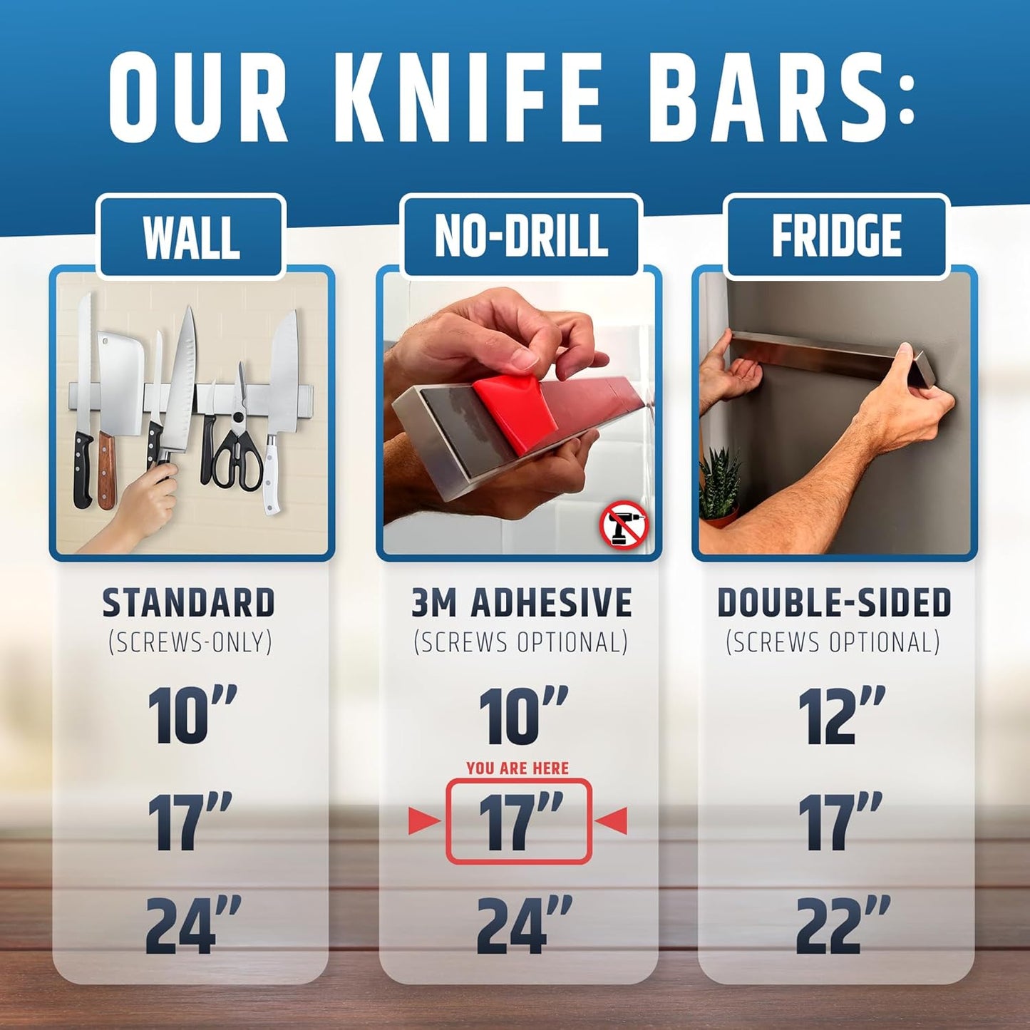 Strong Adhesive (No Drill) Magnetic Knife Holder for Wall - Professional 17 Inch Knife Strip - No Screws Needed - Adhesive Backing - Stainless Steel Knife Bar (Upgraded Version – Will Not Fall)