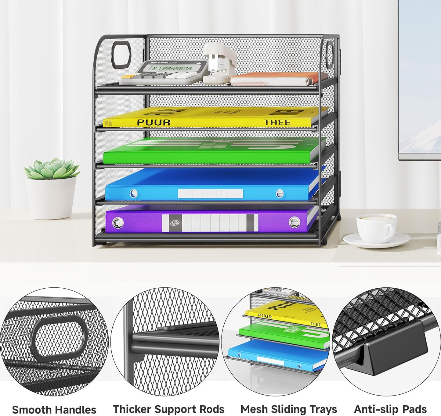 5 Tier Paper Organizer with Handle, Metal Mesh Desk Organizer File Folder Paper Letter Tray Desktop Document Sorter for Classroom, School, Office Accessories Organization and Storage - Grey