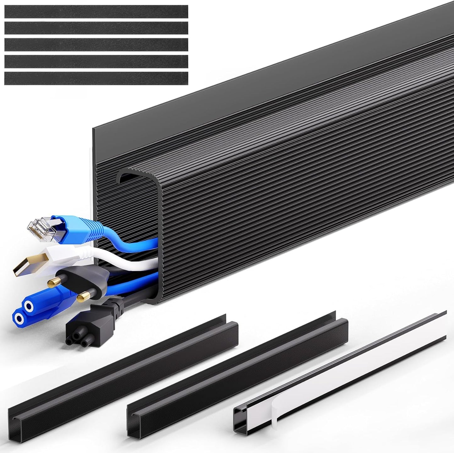 ZhiYo Cable Management Under Desk J Channel (4x15.7in), 63in Cable Raceway, Self-Adhesive Cord Hider Cord Organizer for Desk, Wire Management Kit for Home Office - Black