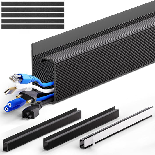 ZhiYo Cable Management Under Desk J Channel (4x15.7in), 63in Cable Raceway, Self-Adhesive Cord Hider Cord Organizer for Desk, Wire Management Kit for Home Office - Black