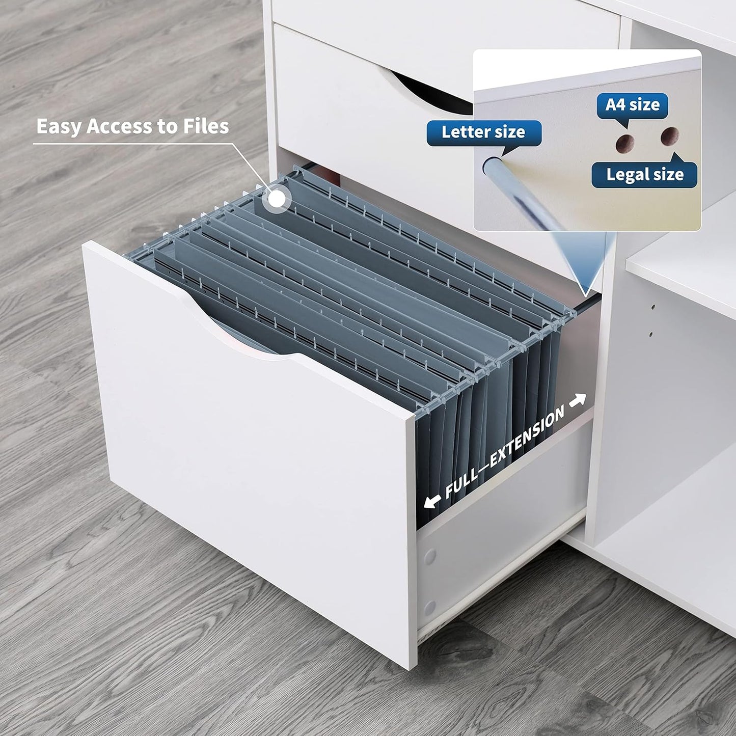 QDSSDECO 3-Drawer with Shelf Wood File Cabinet Mobile Lateral Filing Cabinet, with Rolling Wheel Printer Stand and Open Adjustable Storage Shelves, for Home Office, White