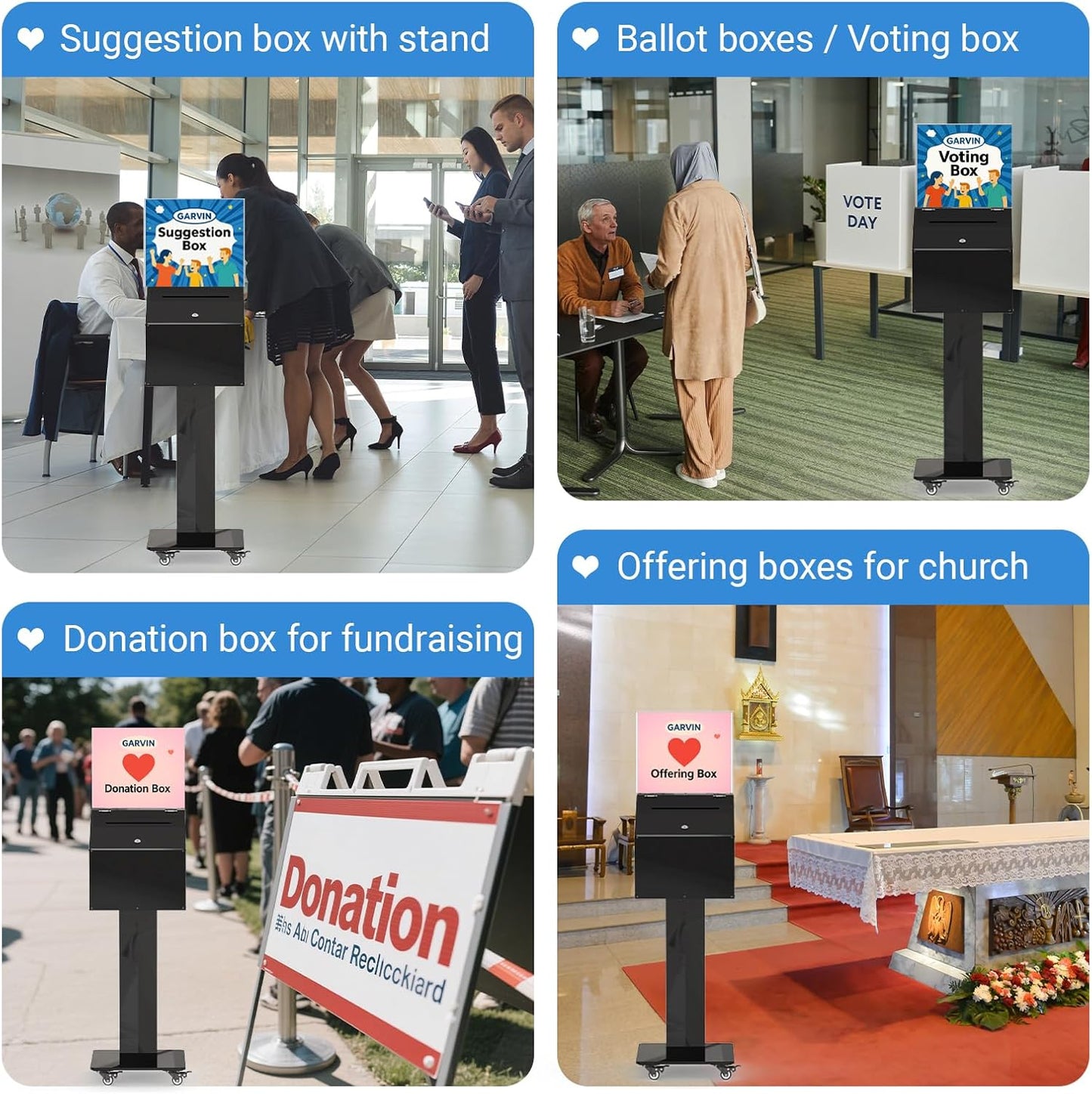 GARVIN Acrylic Suggestion Box with Lock and Key for Voting, Charity, Church & Event Fundraising, Collection Offering/Raffle Ballot Box with Sign Holder Display Stand, Locking Casters, Black