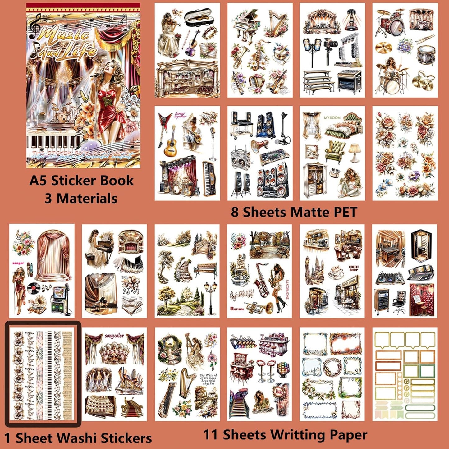 YagCu Journal Sticker Book, Music Life Scrapbook Stickers, Junk Journal Supplies, Pre-Cut Aesthetic Scrapbooking and Journaling for Women, Decorative Ephemera Bullet Planner DIY Arts