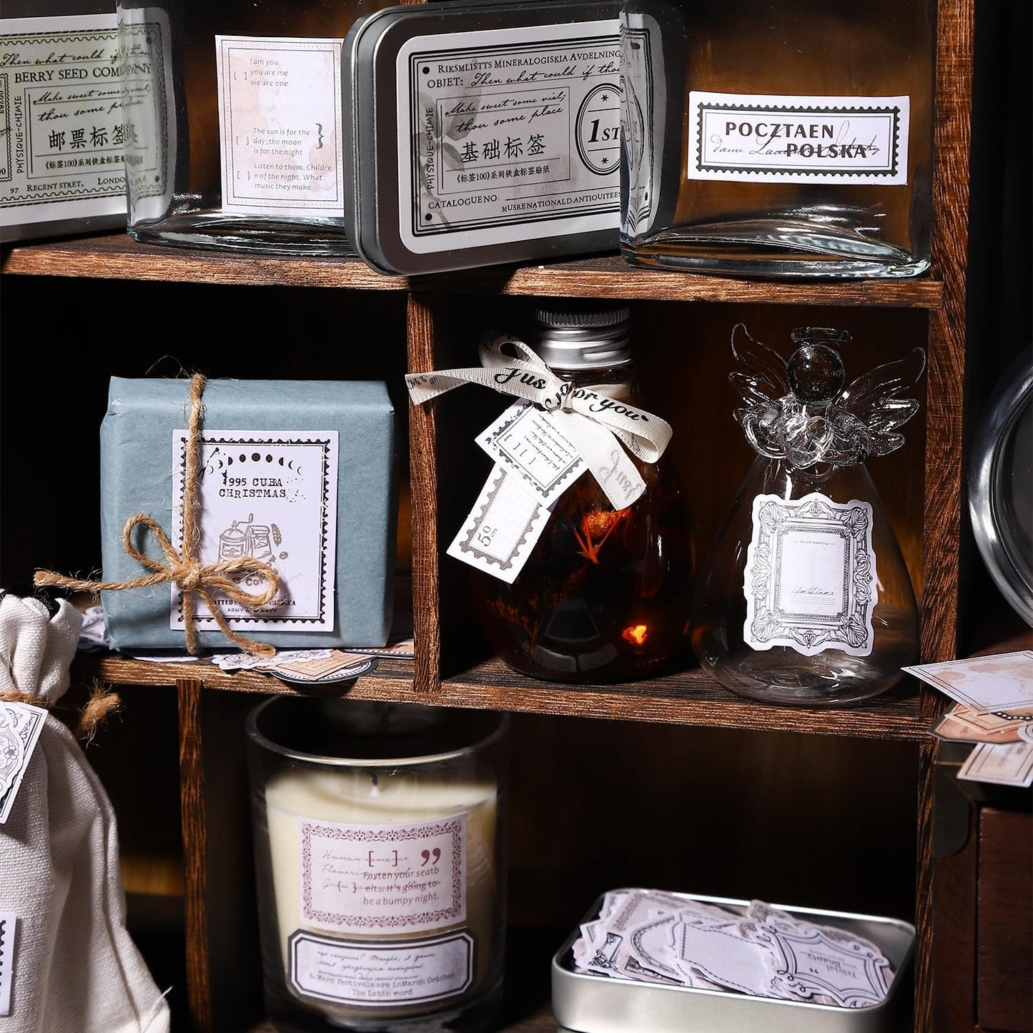 200 PCS Vintage Label Stickers Set, Retro Europe & Basic Designs for Journaling, Scrapbooking, DIY Crafts, Gift Wrapping, and Art, Includes 2 Iron Tins