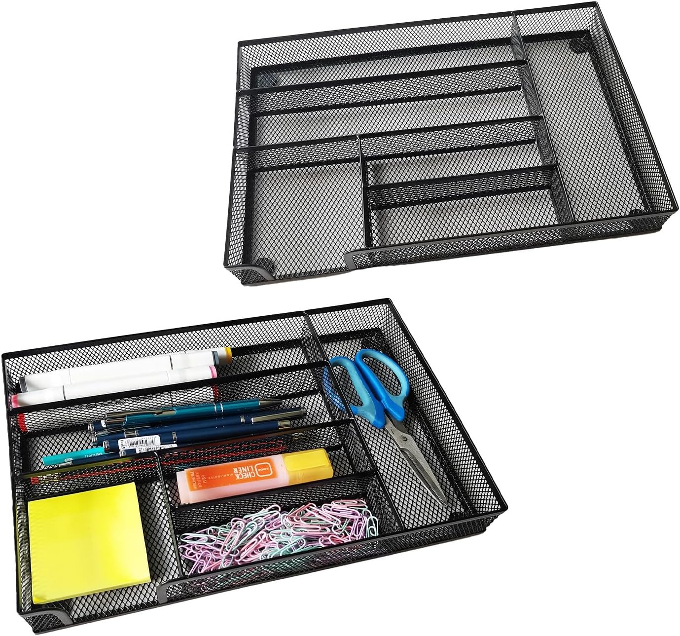 New Desk Drawer Organizer Metal Mesh Drawer Organizer Tray for Office School or Home Supplies Desktop Storage Stationery, 6 Compartments, 12.6 x 8.27 x 1.57 inch，Black (2pc pack)