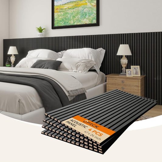 Upick Acoustic Wall Panels Sound Absorbing, 4 Pack 48 x 24 inch Sound Proof Foam Wall Panels & Wood Slat Wall Panels for Interior Wall Decor (Matte Black)