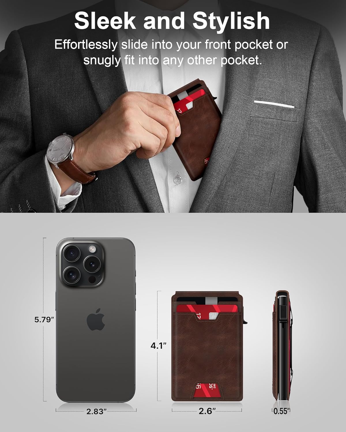 typecase Smart Wallet Card Holder for Men: Pop Up Card Case, Premium Genuine Leather, RFID Blocking, Slim, Minimalist, Thin, Front Pocket - 13 Card Capacitiy, ID Window, Cash Strap (Brown)