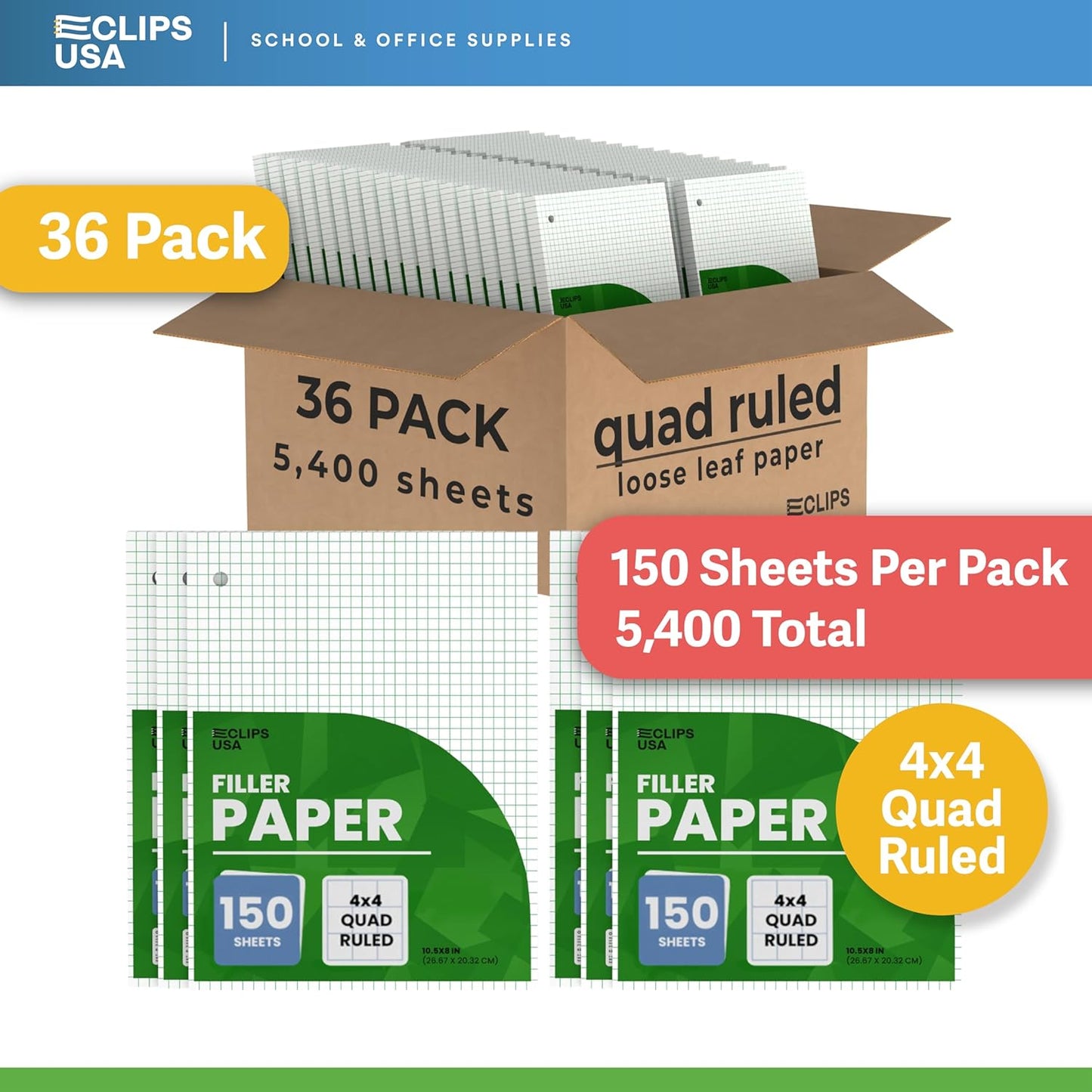 Graph Paper, Loose Leaf Graph Paper, 4 x 4 An Inch Quad Ruled Graph Paper, 10.5” x 8” Graphing Paper, 56 gsm, 150 Per Pack (36 Pack)