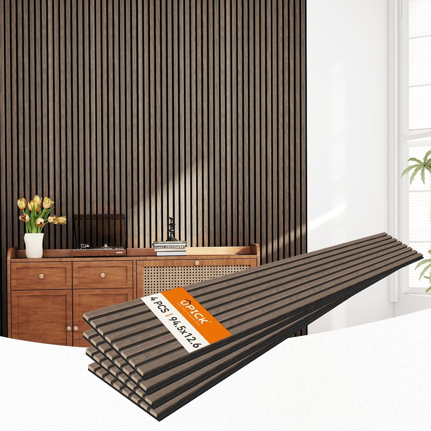 Upick MDF Acoustic Wall Panels, 4 Pack 94.5" x 12.6" 3D Slat Wood Panels for Wall, Soundproof Panels for Interior Wall Decor, Dark Walnut