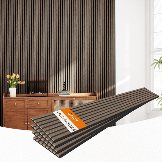 Upick MDF Acoustic Wall Panels, 4 Pack 94.5" x 12.6" 3D Slat Wood Panels for Wall, Soundproof Panels for Interior Wall Decor, Dark Walnut
