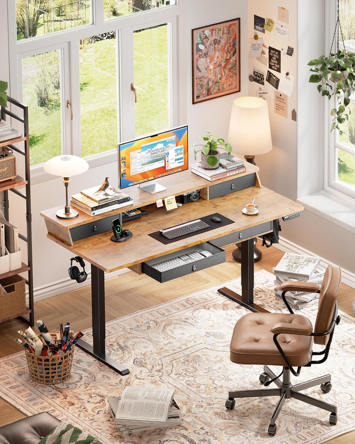 ErGear Electric Standing Desk with 4 Drawers, 63" x 30" Height Adjustable Desk with Storage, C-Clamp Mount Compatible, Computer Home Office Table with Cable Management Tray, Vintage Brown