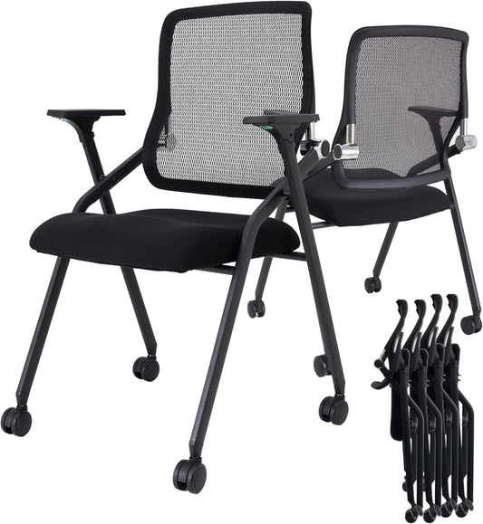 4 Pack Stackable & Foldable Conference Room Chairs with Lumbar Support, Armrest - Ergonomic Mesh Bouncing Back for Office Meeting, Conference, Reception and Training Room Chair
