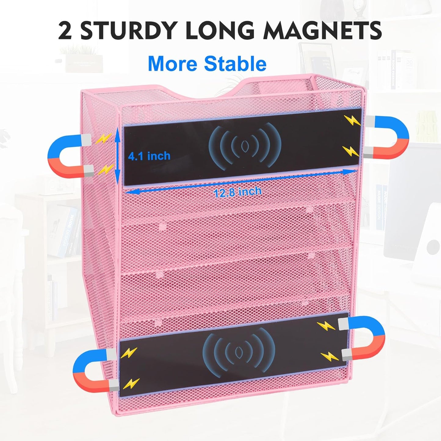 EASEPRES Magnetic 5 Pocket Mesh Hanging File Organizer, Wall Mounted Mail Paper Document Folder Holder, Clipboard Storage Organization Magazine Rack with Nametag Label for Office Home School, Pink