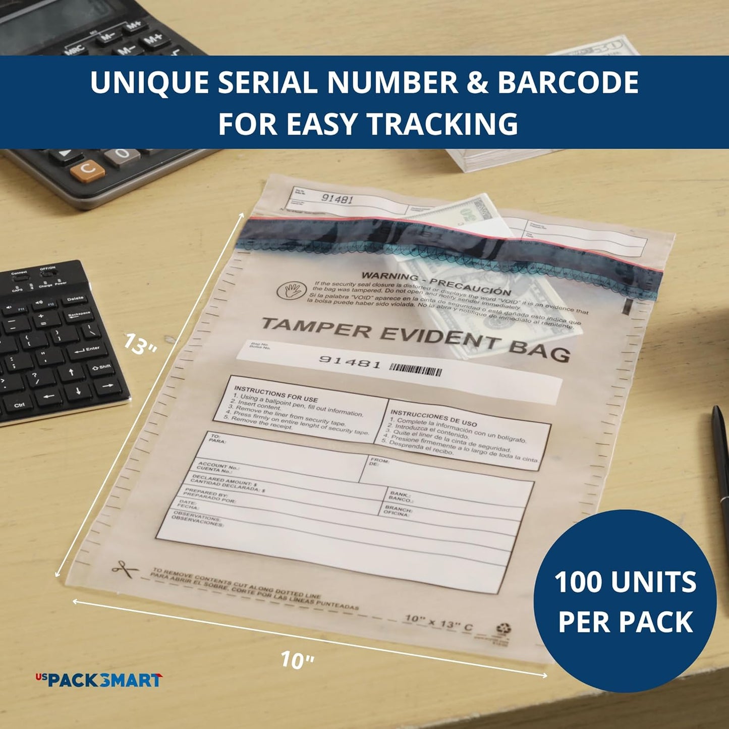 10”x13" Clear Plastic Deposit Bags with Security Tape Tamper Evident - Secure Bank Deposits, Cash Handling, & Currency Transport | Self-Sealing Tape with Hidden Graphics | 100-Pack