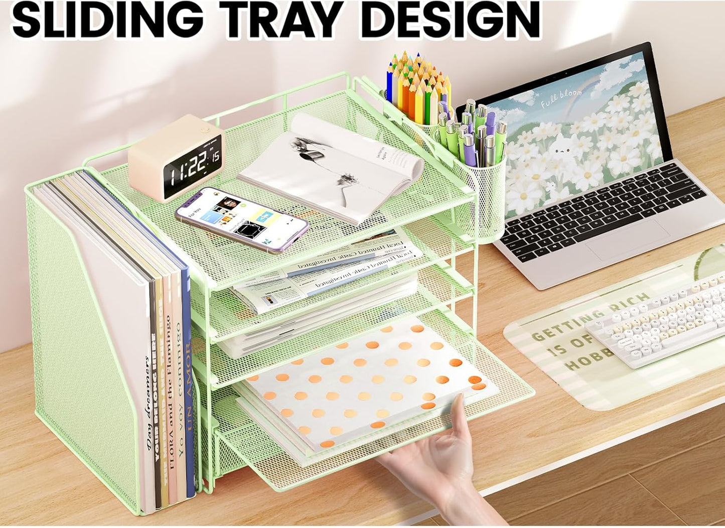 Desk Organizers and Accessories, 5-Tier Paper File Organizer with Drawer & Pen Holder, Office Desk Accessories Workspace Desktop Organizer for Office Supplies((Green)