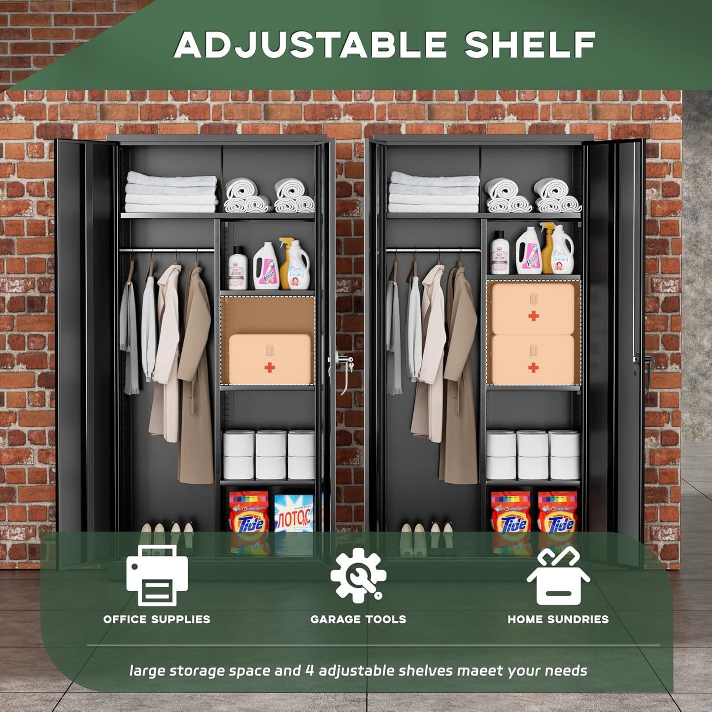 Greenvelly Metal Wardrobe Cabinet with Locking Doors, 72"H Black Metal Wardrobe Closet with Hanging Rods and Adjustable Shelves, Clothing Storage Closet for Home, Office, Employee, Gym (16" D x 32" W)