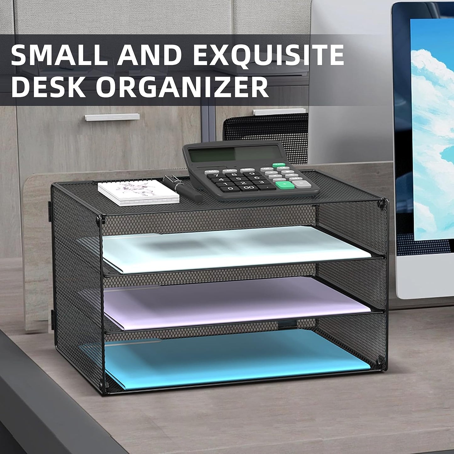 DALTACK 3 Tier Letter Tray Paper Organizer Mesh Metal Desk File Organizer for Home & Office, Black