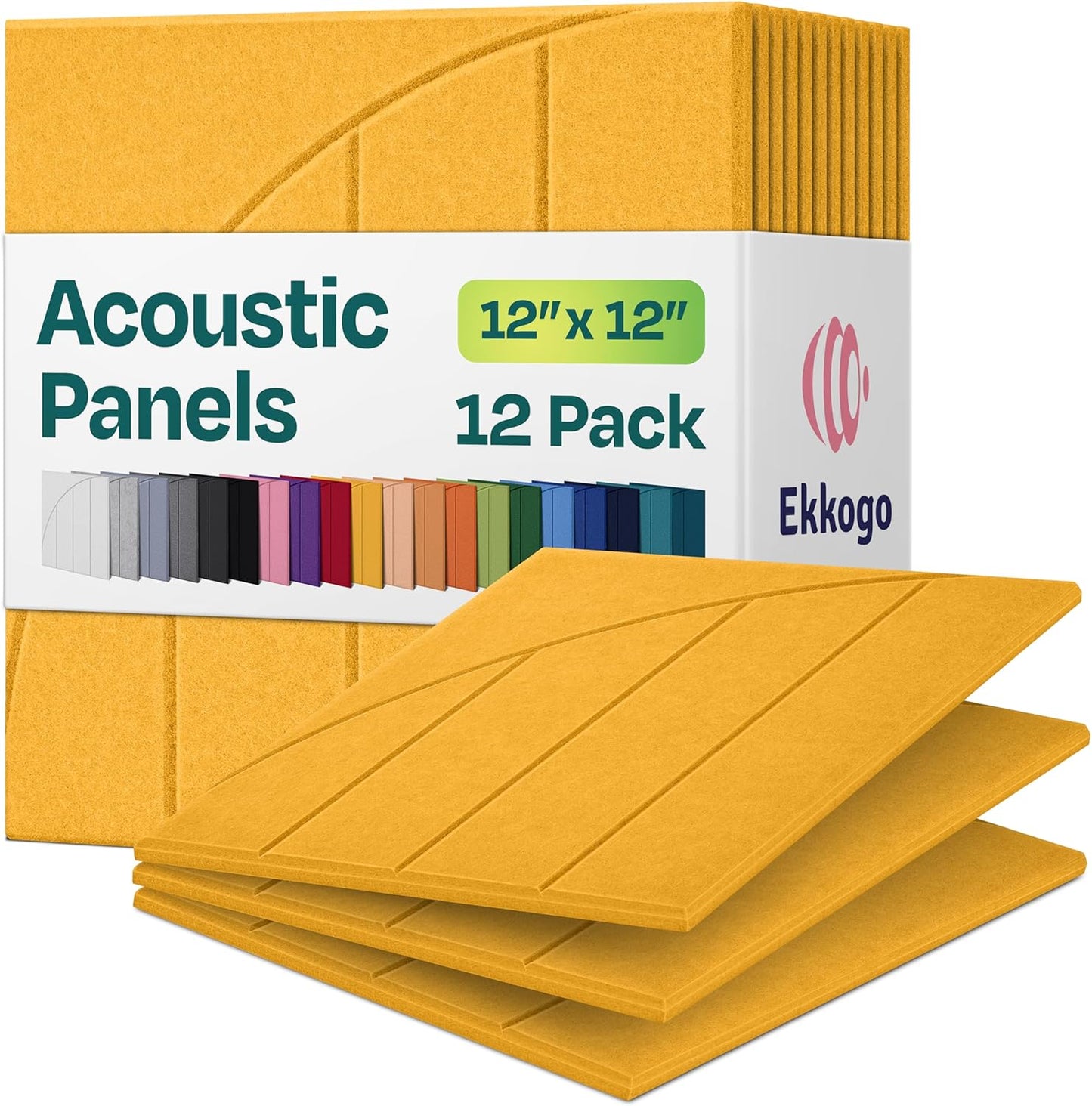 Acoustic Panels 12-Pack Soundproof Wall Panels 12"x12"x0.4" Decorative Sound Dampening for your Home, Office, Studio, Bedroom & More with Unique ModuArc Carving [Yellow Orange Gold]