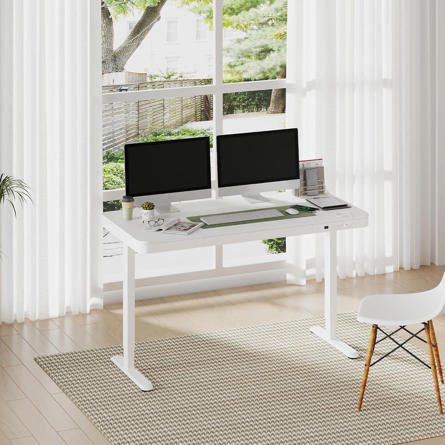 FLEXISPOT 55" White Electric Standing Desk with Drawers, Quick Assembly Home Office Sit Stand Desk with Storage, USB Charging, Computer Desk for Home Office (White Top + Adjustable Frame, Comhar)