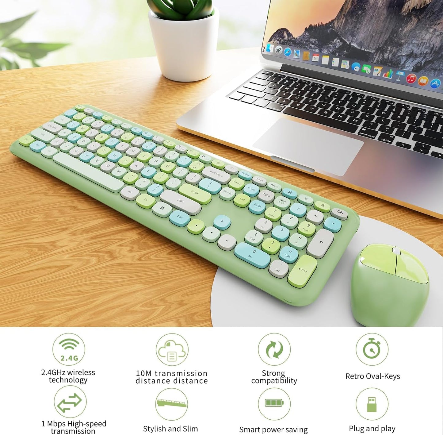 Wireless Keyboard and Mouse Combo, Colorful Ergonomic Full Size Retro Low-Noise Keyboard with Cute keycaps, Compatible with Windows, PC, Perfer for Home and Office Keyboards (Green)