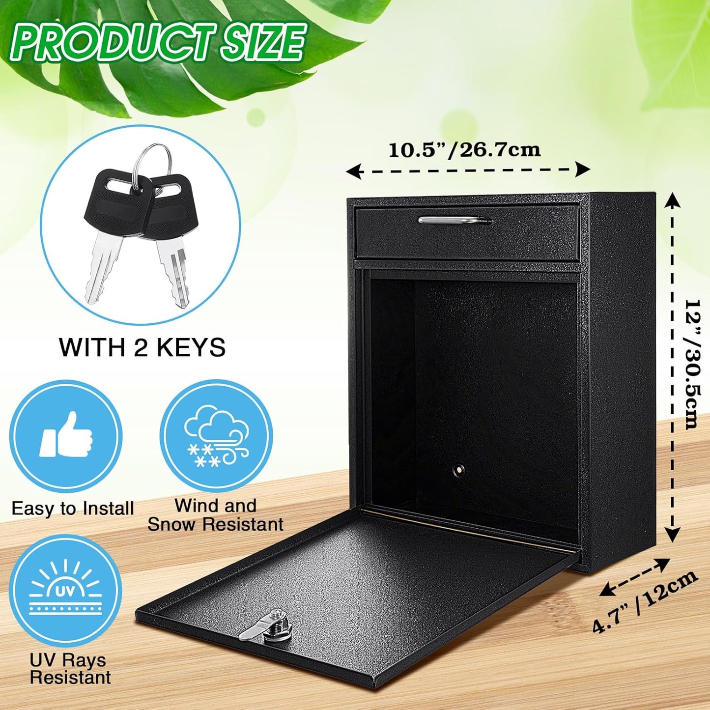 Locking Mailbox with Key for Outdoor 12 x 10.5 x 4.7 Inches Large Wall Mount Mail Box with Lock Security Mail Drop Metal Collection Boxes Hanging Secure Postbox(Black)