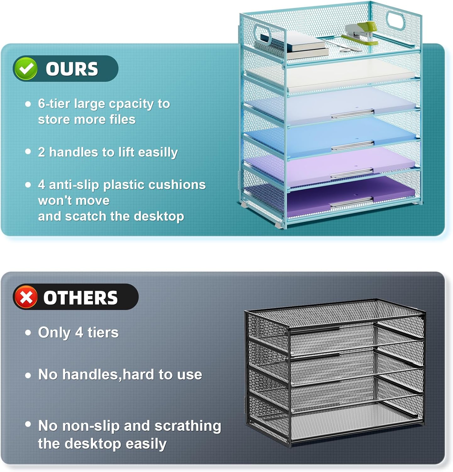 Marbrasse 2 Pack Desk Organizer with Handle, 6 Tier Paper Letter Tray, Mesh Desk File Organizer for Office, School and Home - Blue