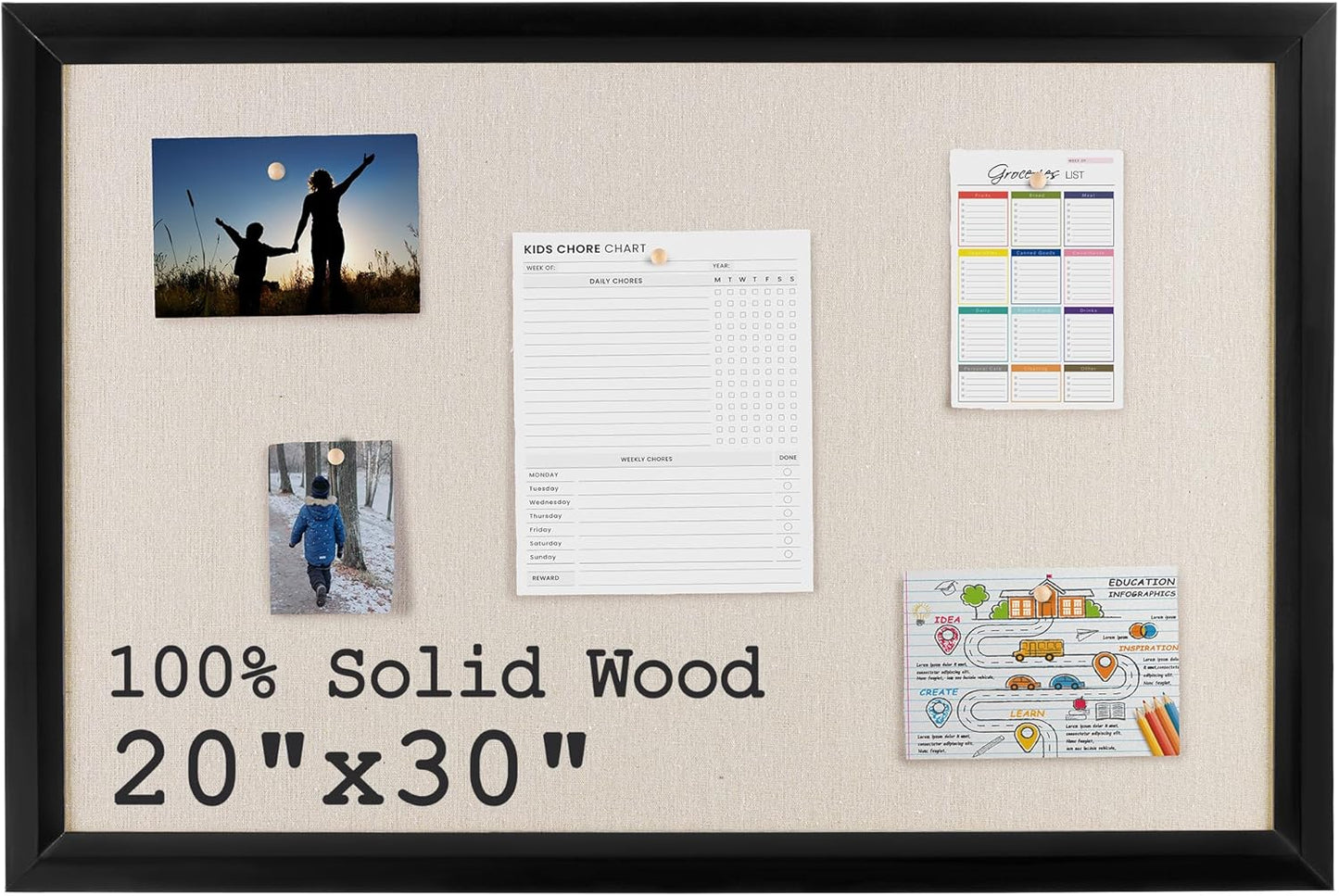 Bulletin Board Cork Board with Linen, 100% Wood Framed 30" x 20" Bulletin Board Decorations, Pin Boards for Walls, Wall Mounted Fabric Picture Board with 10 Pushpins for School, Home & Office, Black