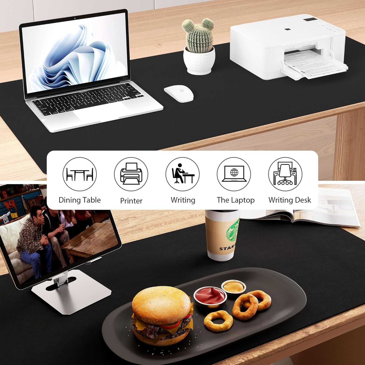 Aothia Dual-Sided Desk Pad - 37.8x17 inches Leather Desk Mat, Natural Cork Desk Pad Protector, Large Mouse Pad for Desk, Waterproof Desk Blotter Pad, Desk Writing Pad for Office Work/Home, Black