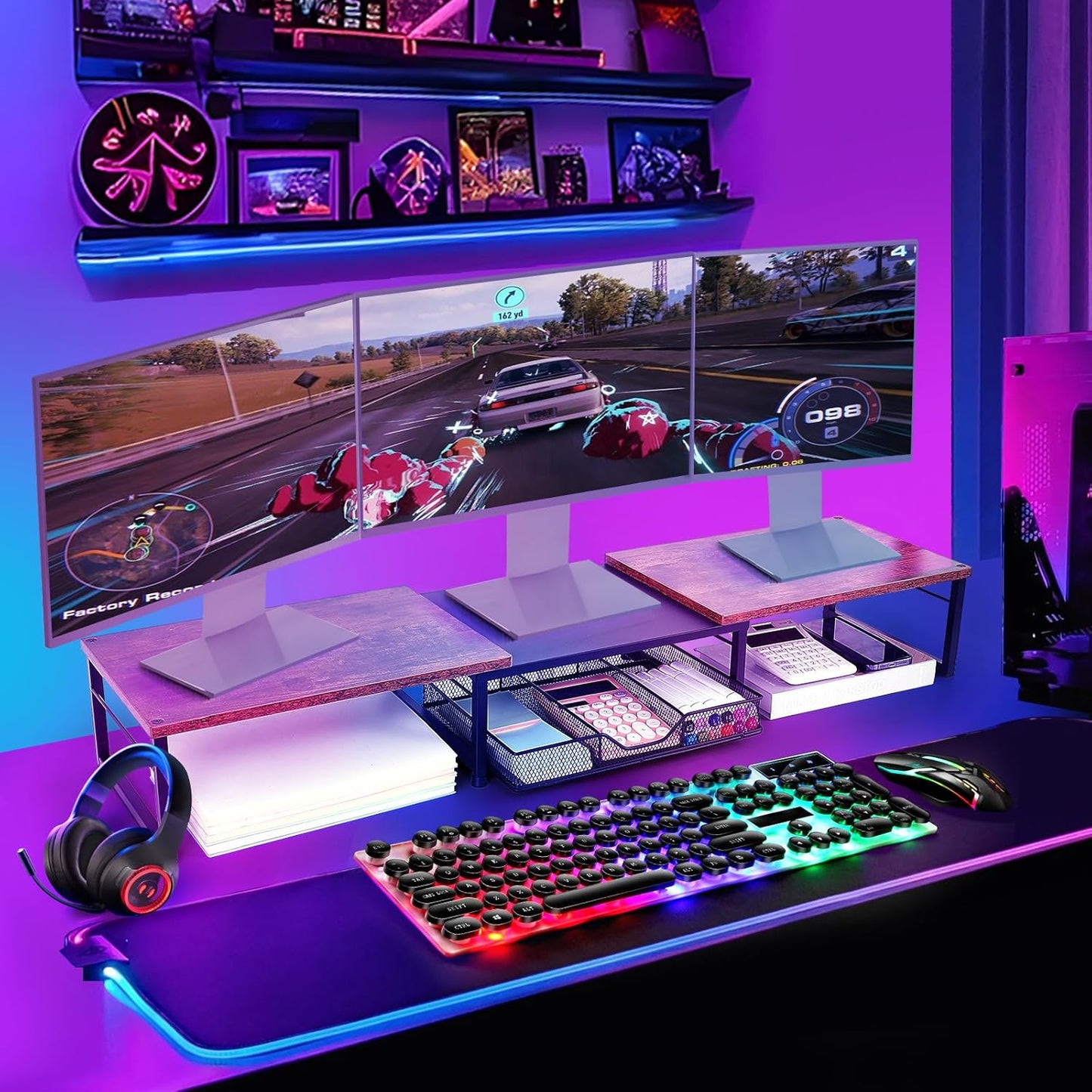 Dual Monitor Stand Riser, Desk Organizer with Drawer, Desk Organizers and Accessories, Workspace Organization Computer Monitor Stand for Laptop, Printer, TV, Office Supplies, Rustic Brown