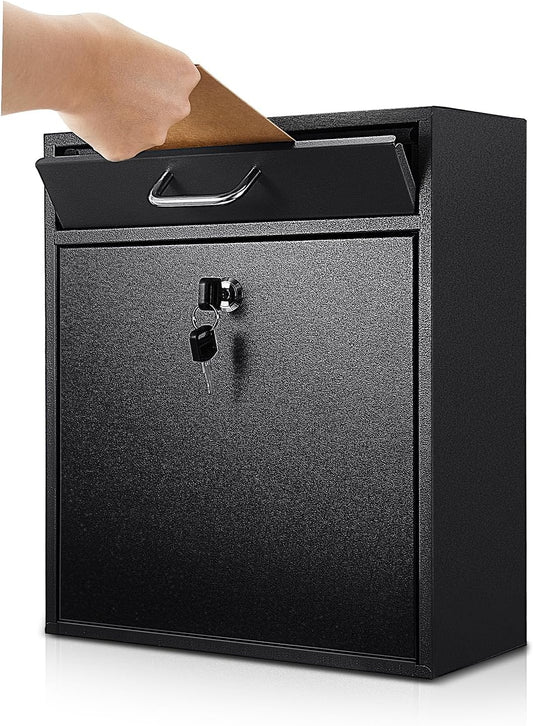 Locking Mailbox with Key for Outdoor 12 x 10.5 x 4.7 Inches Large Wall Mount Mail Box with Lock Security Mail Drop Metal Collection Boxes Hanging Secure Postbox(Black)