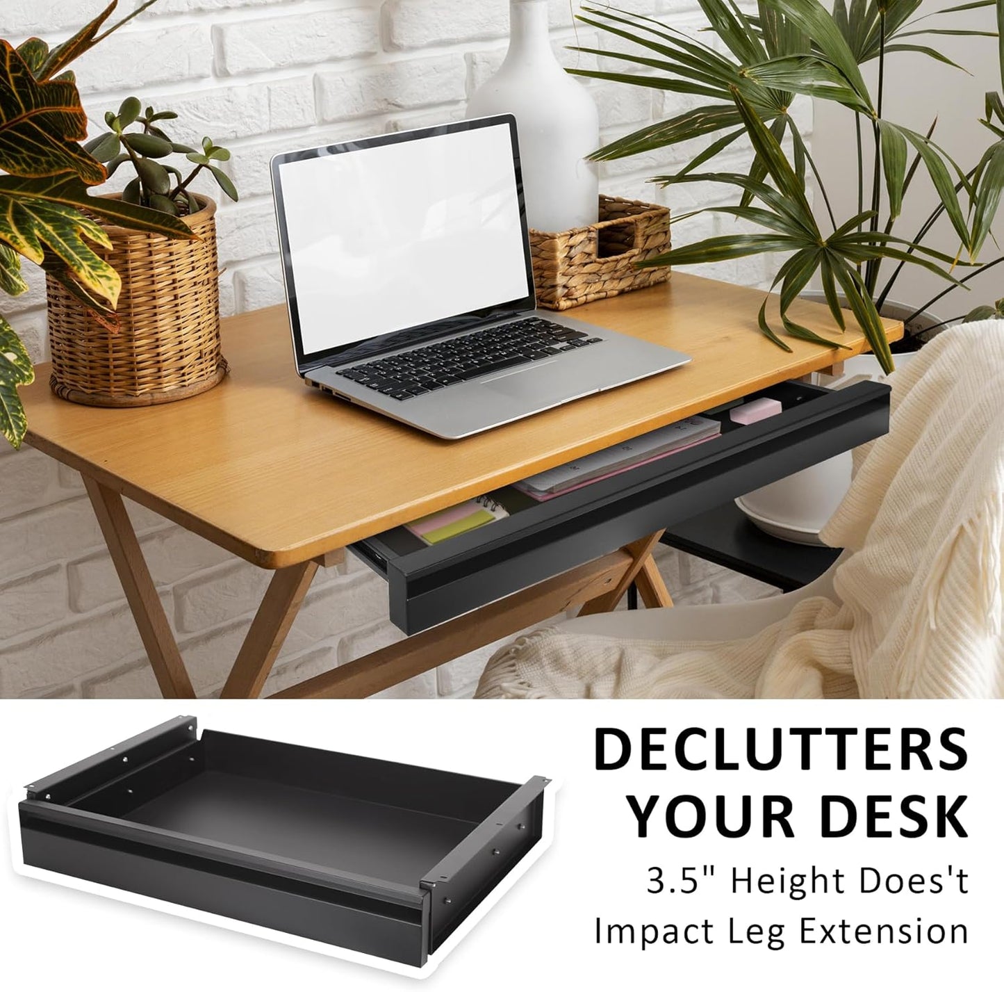 POPMOON Under Desk Drawer For Desk 13.8 * 8.8 * 3.5 in, Pull out Storage Organizer with Slide Extension Mounted Under Flat Wooden Table or Workbench, Carbon Steel Hidden Desk Drawer