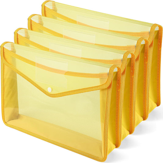 4 Pack A4 Expanding Plastic File Folders Waterproof Document Organizer with Snap Button Multiple Pockets, Office Home Office Storage (Yellow)