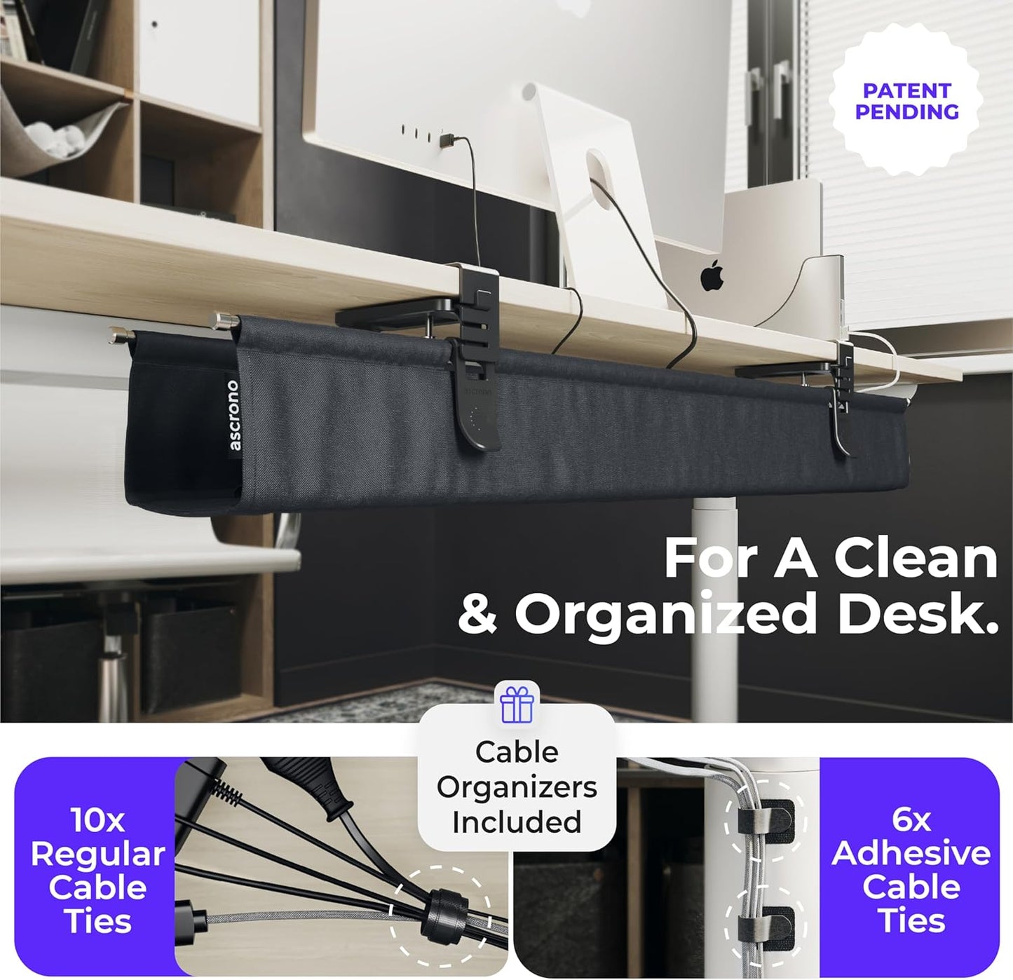 Original No Drill Under Desk Cable Management Tray 14.1" - Premium Black Fabric Cable Management Under Desk - Clamp/Screw Mount Cord Organizer - Supports Upto 66lbs