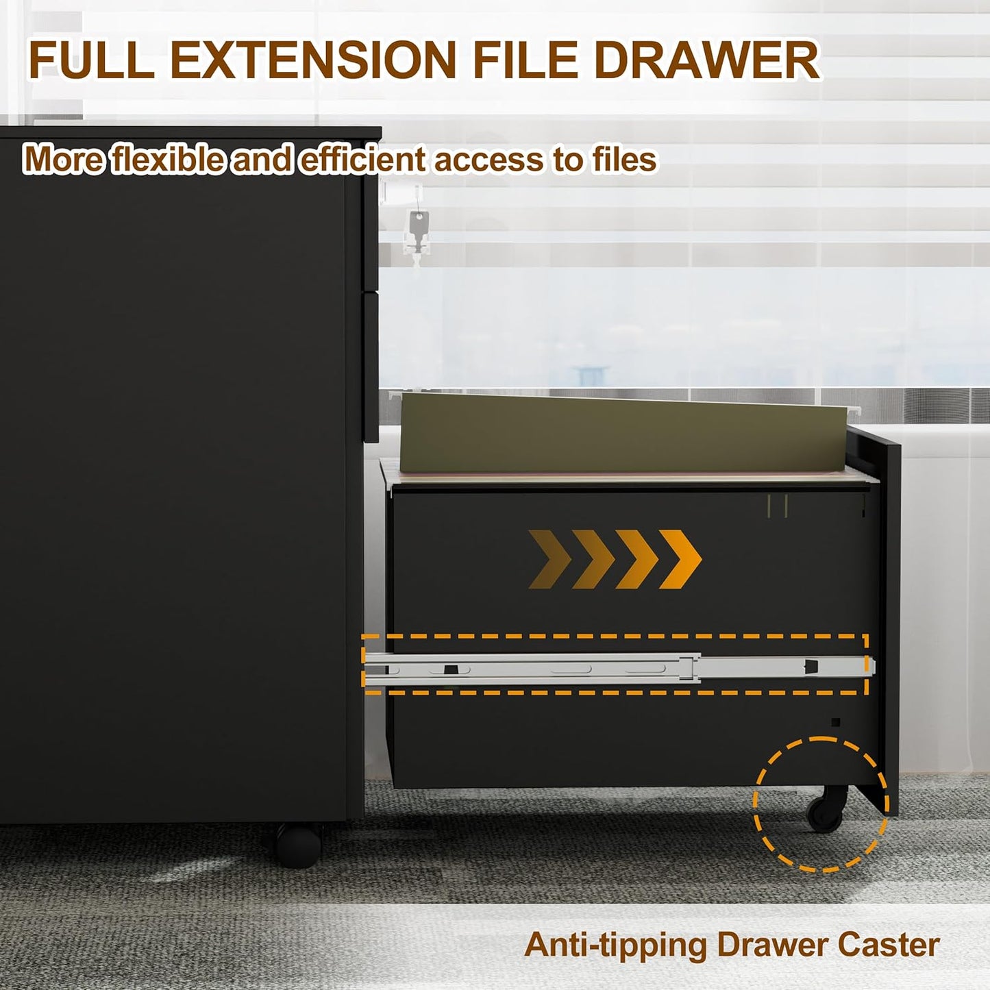 Mobile File Cabinet with 3 Locks, 3 Drawer File Cabinets for Home Office, Under Desk Metal Filing Cabinet for A4/Letter/Legal, Lockable, Fully Assembled Except Castors, Black