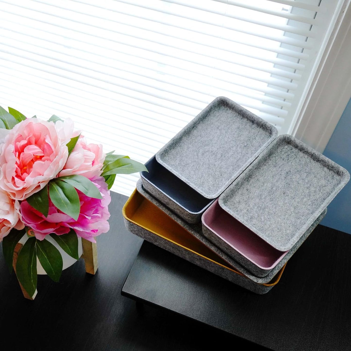 Welaxy Lidded Felt Drawer Organizer Bin with lids Desktop Stackable Organizer Storage box for crafts office supplies pen notes Junk Makeup Stationery Organize 3-Pack (Curry+Dusty rose +Glacier gray)