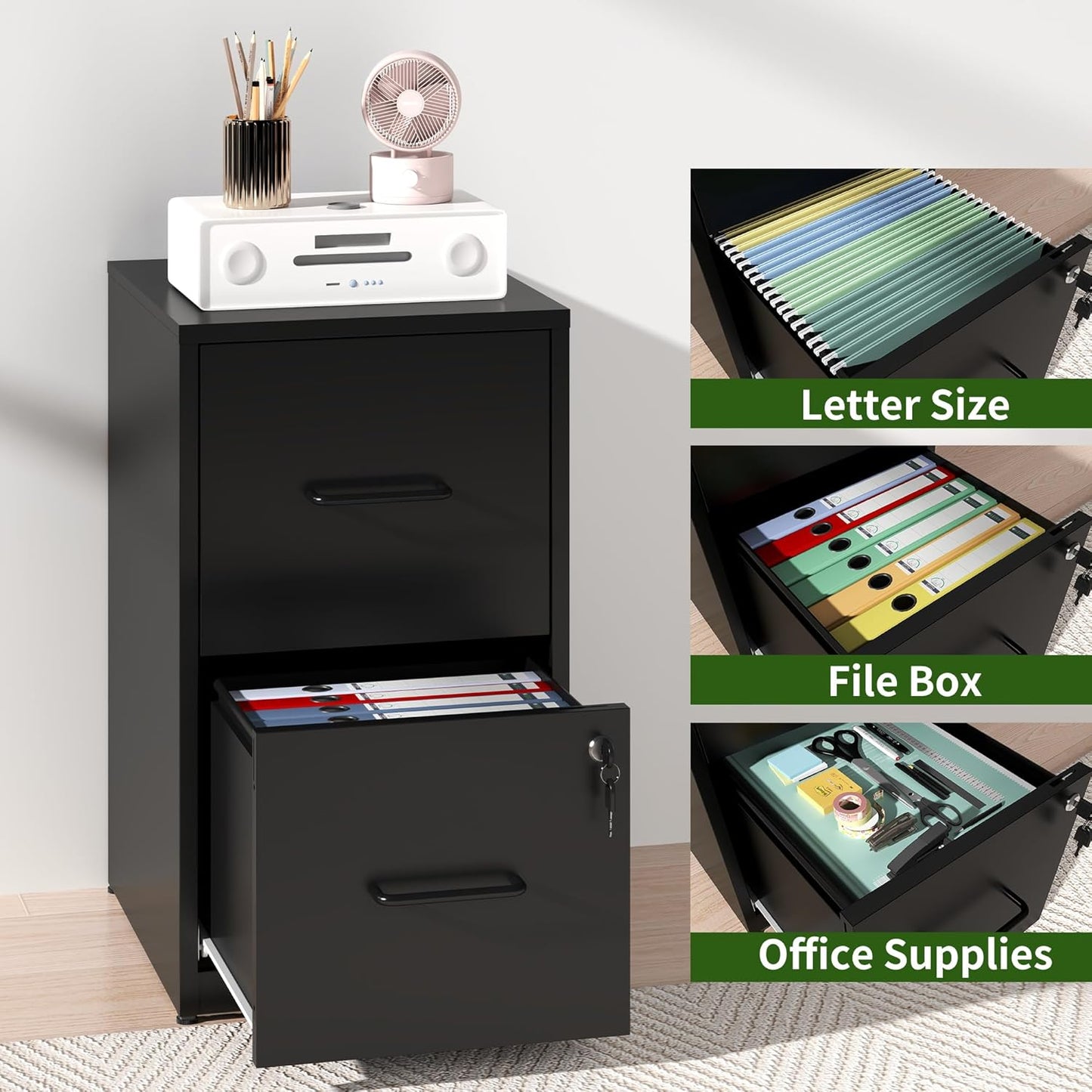 2 Drawer File Cabinet with Lock, Steel Vertical Filing Cabinets for Home Office, Small Metal Storage Cabinet for Hanging Letter Size Files Folders, Assembly Required(Black)