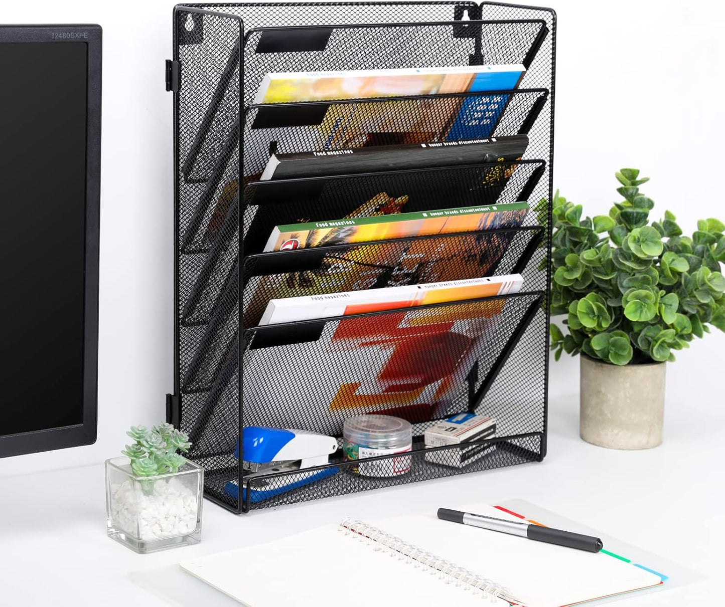 EasyPAG 6 Tier Wall File Holder with Flat Tray, Black | Easy Assemble Mesh Desk File Organizer | 5-Folder Paper Storage | Replaceable Classify Labels | Space Saving Mail Organizer for Office Home