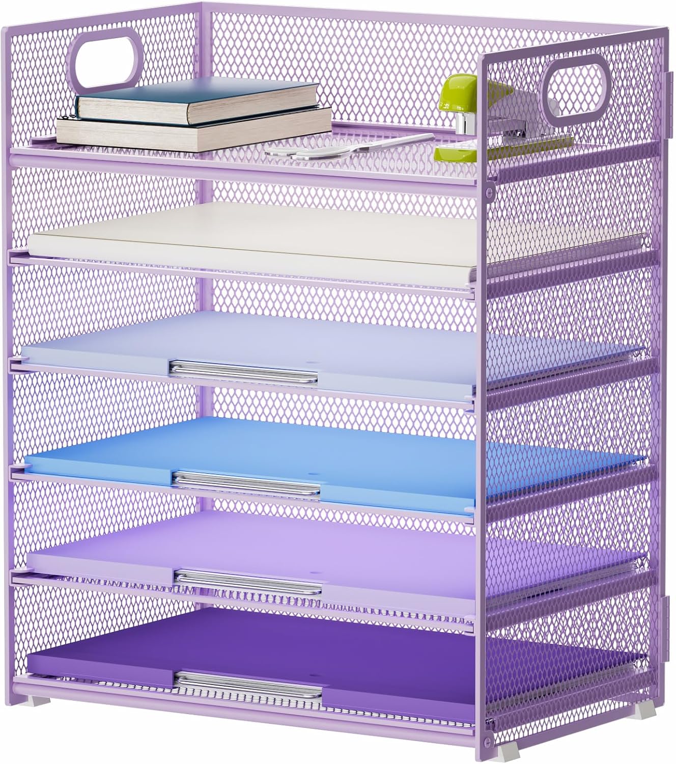 Marbrasse 6 Tier Paper Organizer Letter Tray - Mesh Desk File Organizer with Handle, Paper Sorter for Letter/A4 Office File Folder Holder - Purple