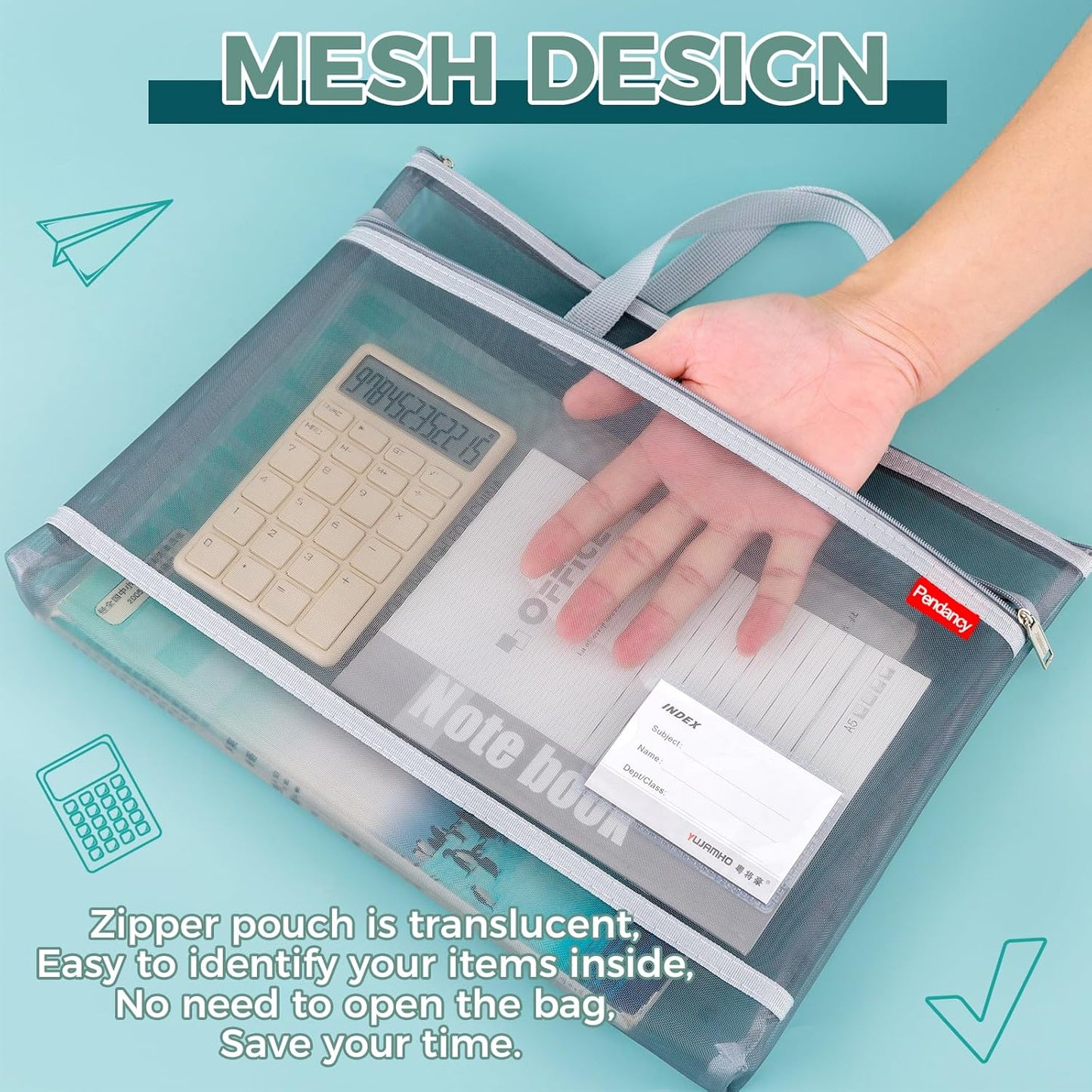 Pendancy Mesh Zipper Pouch A4 Size, Large Double Pocket Lightweight Nylon Transparent File Bag with Handle, 11x13.8 in Foldable Document Storage for Puzzle Project/Cross Stitch/Travel/Office (Gray)