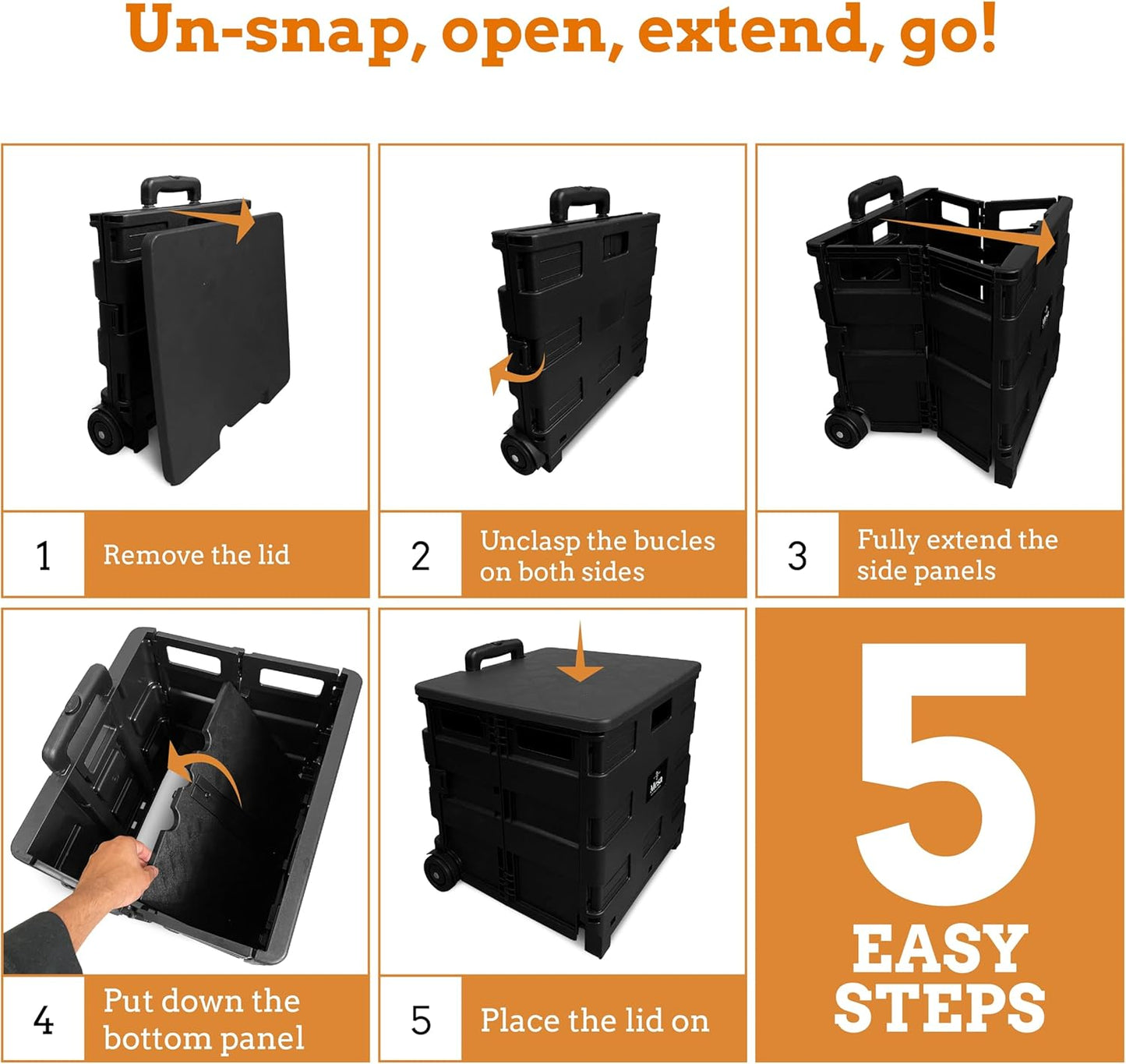 Inspired Living Collapsible Ultra-Slim Pack-N-Roll,2 Wheel Utility Cart w/Lid used as Seat up to 250 Lbs, Telescopic Handle - Super Strong, for Home, Garden, Shopping, Office, School use, Large, Black