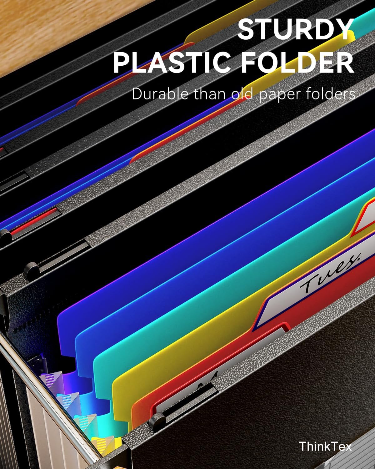 ThinkTex Plastic Expanding Hanging File Folders, 7 Innovative 1.2" Accordion Pockets, Large Capacity, Multi-Color Tabs, Legal Size for Filing Cabinet - 3 Packs