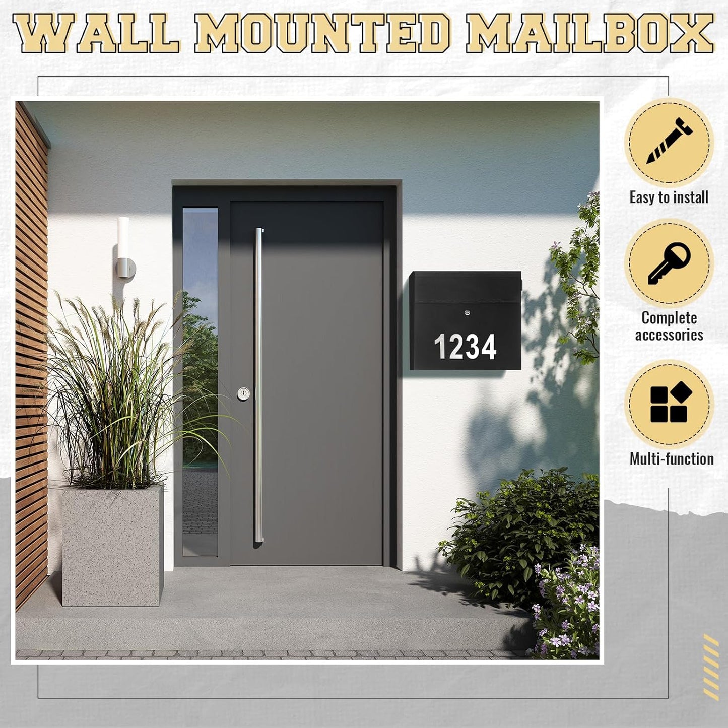 Extra Large Wall Mount Mailboxes for Outside 18 x 16.5 x 7 Inches Locking Security Mail Box Galvanized Steel Wall Mailbox Large Capacity Post Box with Key Lock and Reflective Stickers(Black)