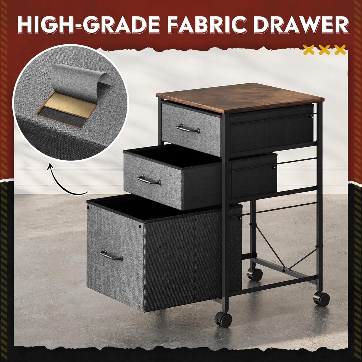 DEVAISE Mobile File Cabinet, Rolling Printer Stand with 3 Drawers, Fabric Vertical Filing Cabinet fits A4 or Letter Size for Home Office, Rustic Brown