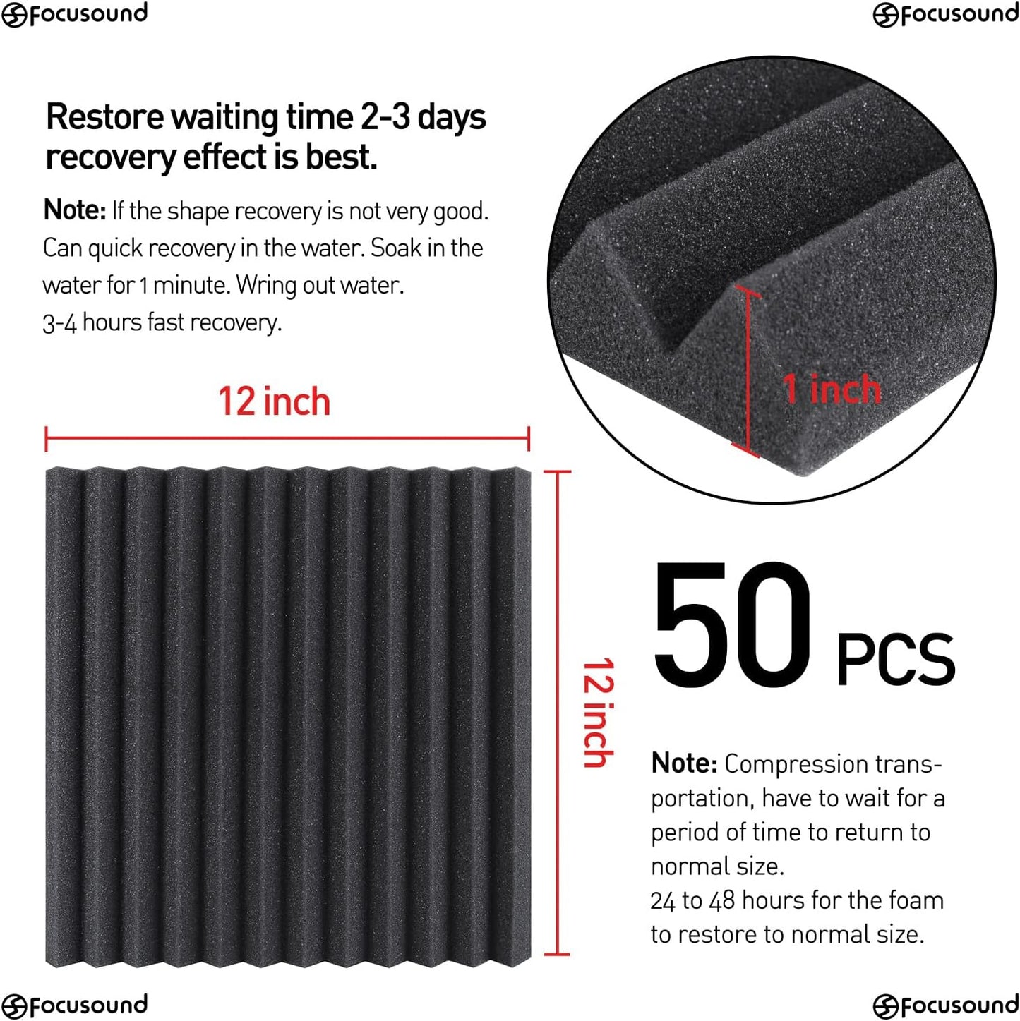 50 Pack Acoustic Foam Panels 1" x 12" x 12" Sound Proof Foam Panles Soundproofing Noise Cancelling Wedge Panels for Home Office Recoding Studio with 300PCS Double-Side Adhesive