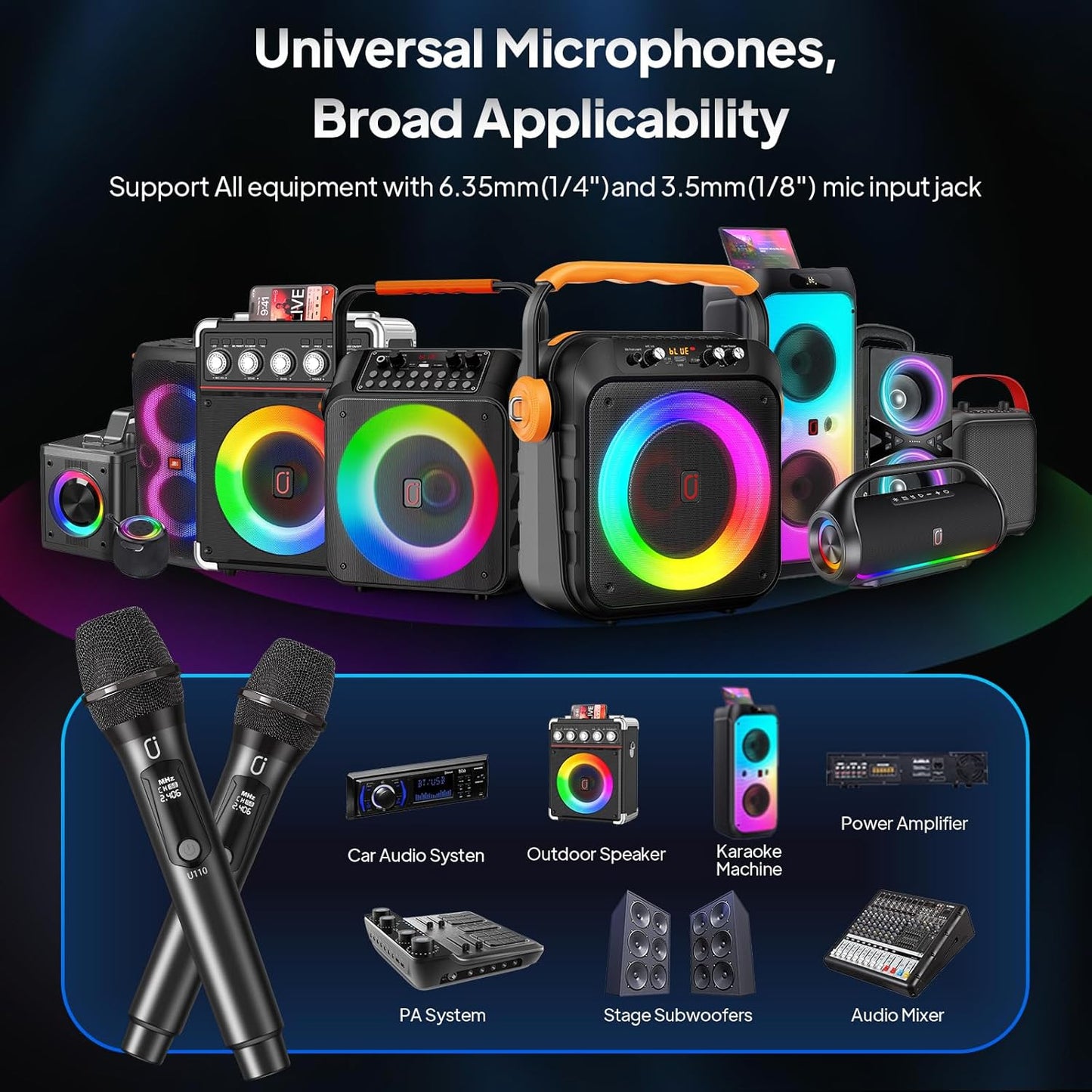 Wireless Microphones for Singing, Dual Rechargeable Karaoke Microphone with Receiver for Church/Party/Meeting/Speech/Stage Performance, Compatible with PA System/Karaoke Machine/Partybox/Mixer