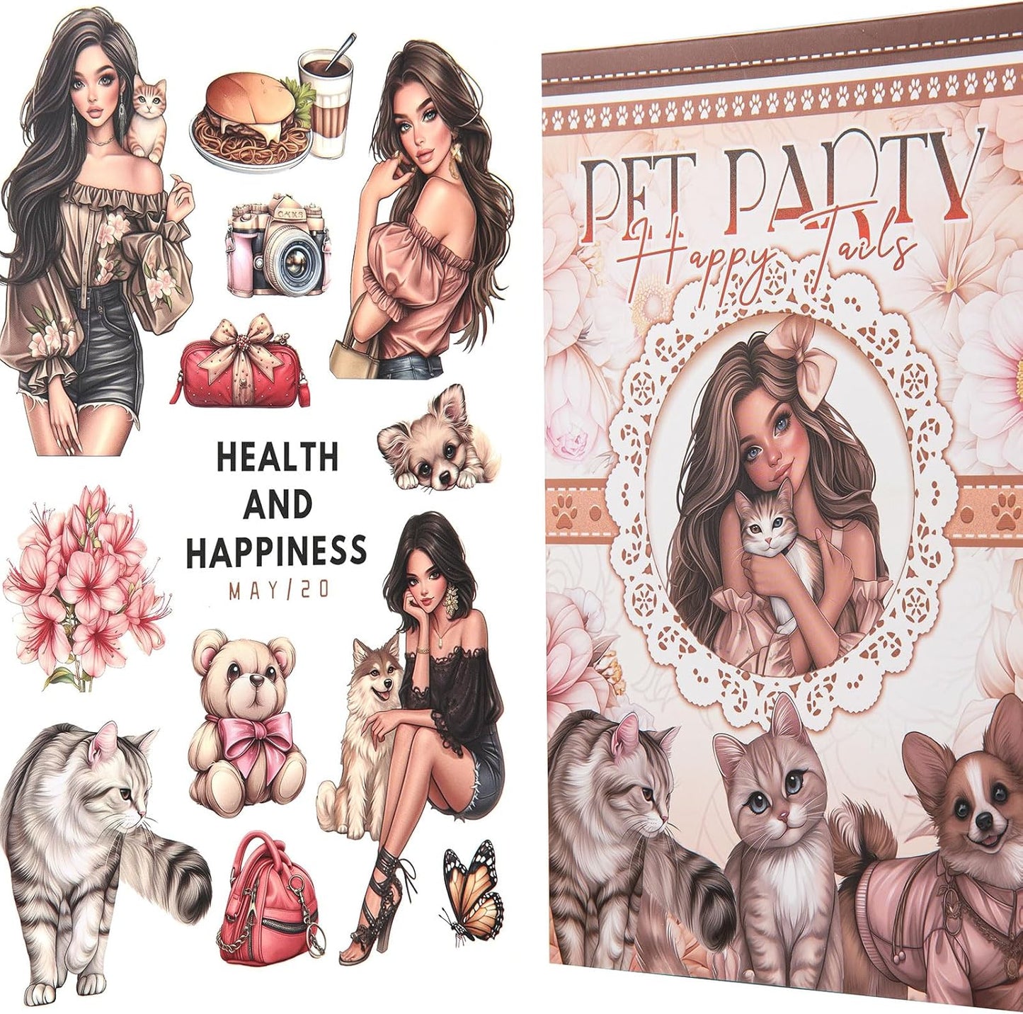 YagCu Scrapbook Sticker Book, Pets Dogs Cats Journaling Stickers, Animal Junk Journal Supplies, Pre-Cut Aesthetic Scrapbooking Stickers for Adults, Decorative Ephemera Bullet Planner DIY Arts Craft