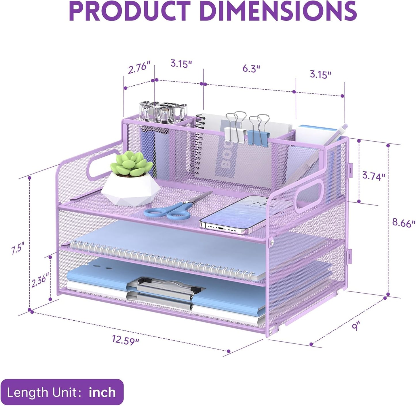 SUPEASY 3 Tier Desk Organizer with Handle & 3 Pen Holders, Mesh Paper/File Organizer for Desk, Paper Letter Tray Organizer for Office Supplies (Light Purple)