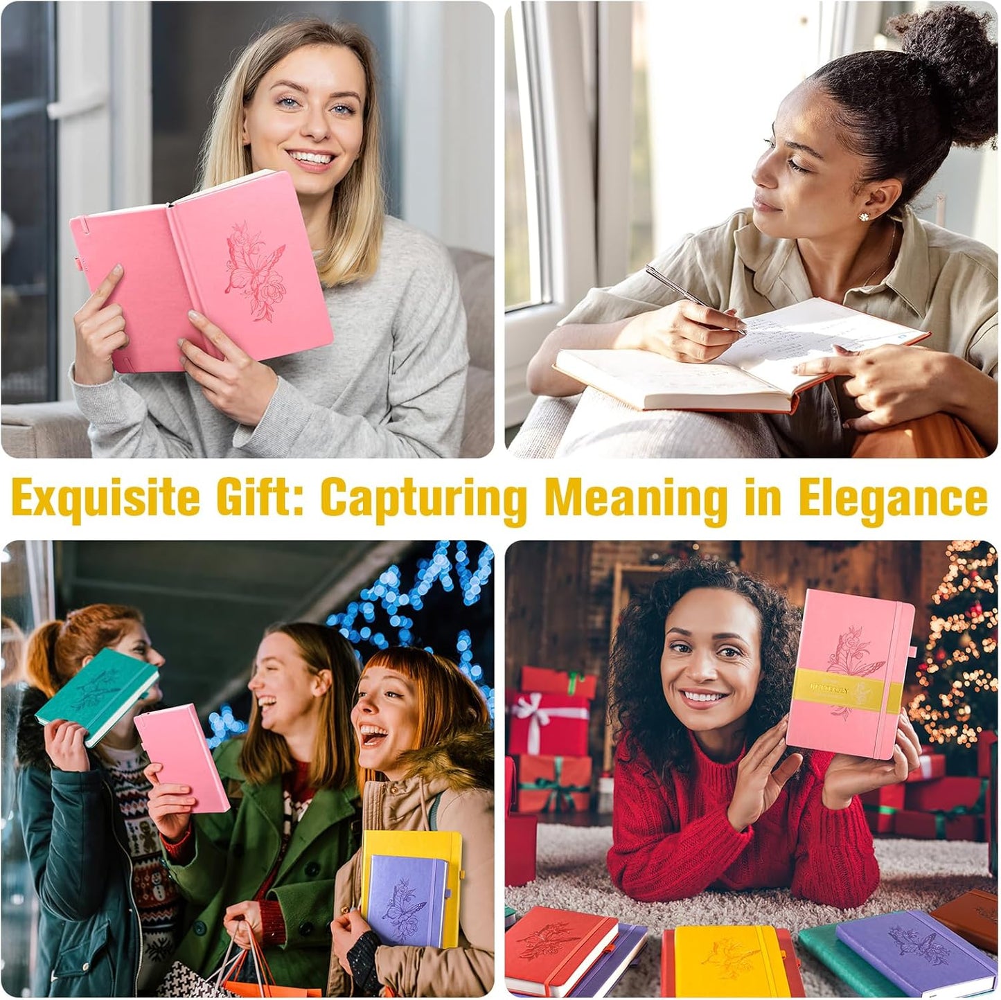 Lined Notebook Journal for Women, 312 Numbered Pages A5 Thick Leather Journal, 100gsm Paper Daily Journal for Work Travel, Hardcover College Ruled Notebook, Giftable Butterfly Floral Notebook, Yellow