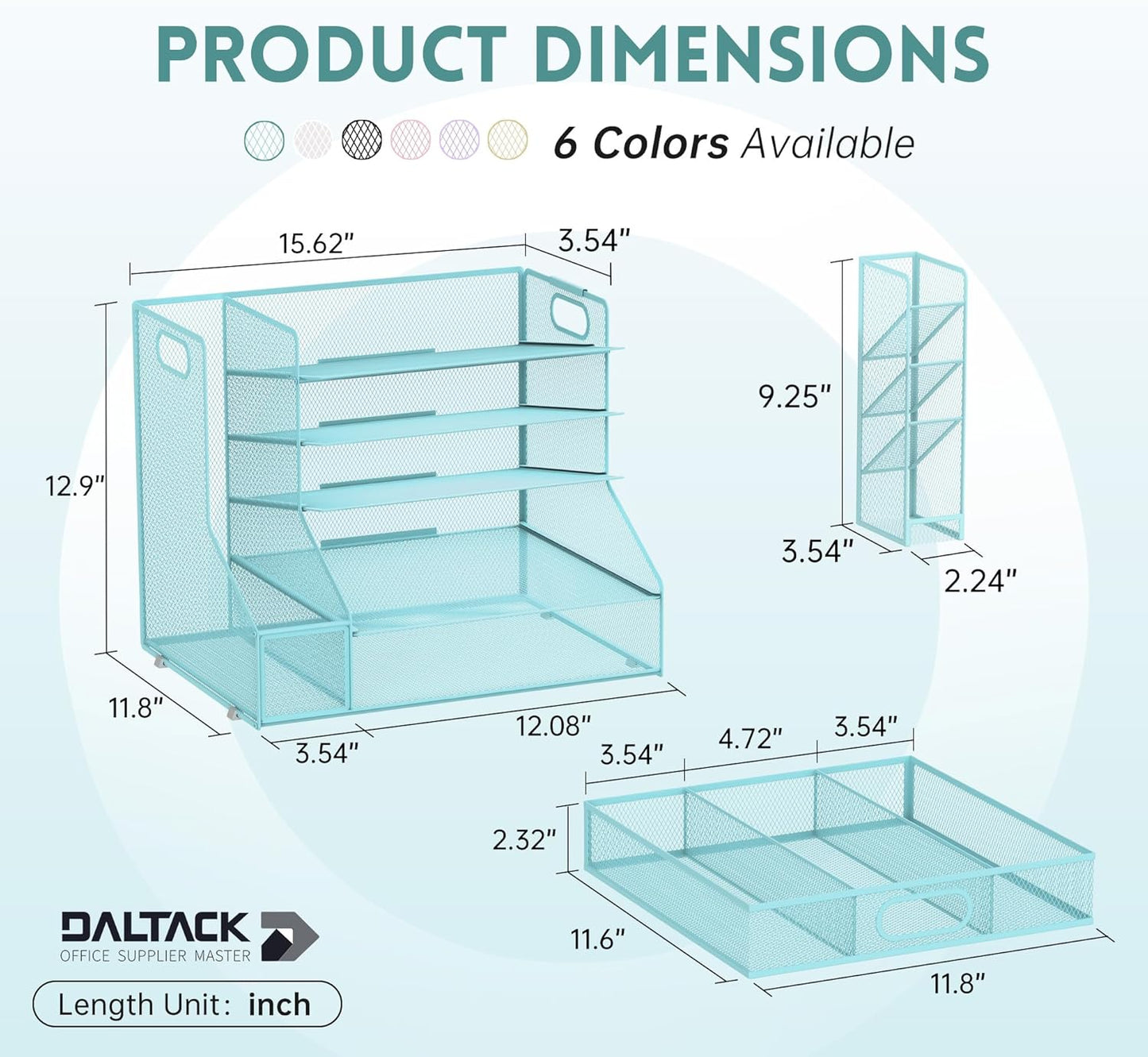 DALTACK Mesh Desk Organizer, 5-Tier Paper Letter Tray with File Holder & Pen Holder & Sliding Drawer, Desktop Organizer and Storage for Desk Accessories Office Supplies, Blue