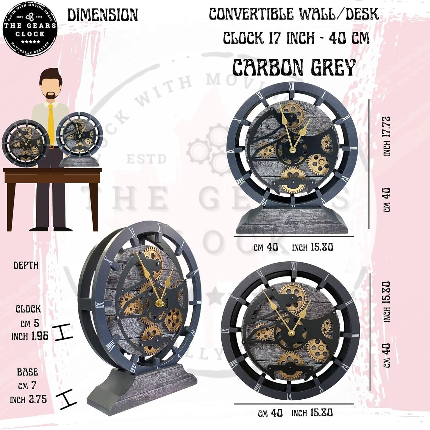 The Gears Clock 16 inches Wall Clock with Real Moving Gears Convertible into a Big Mantel Clock (Carbon Grey)